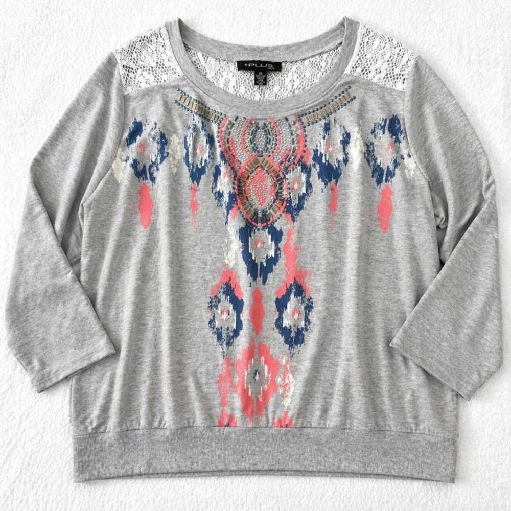 Plus Moda Top Size 2X (US 18–20) Gray Ikat Studded Boho‎ Knit Pullover
